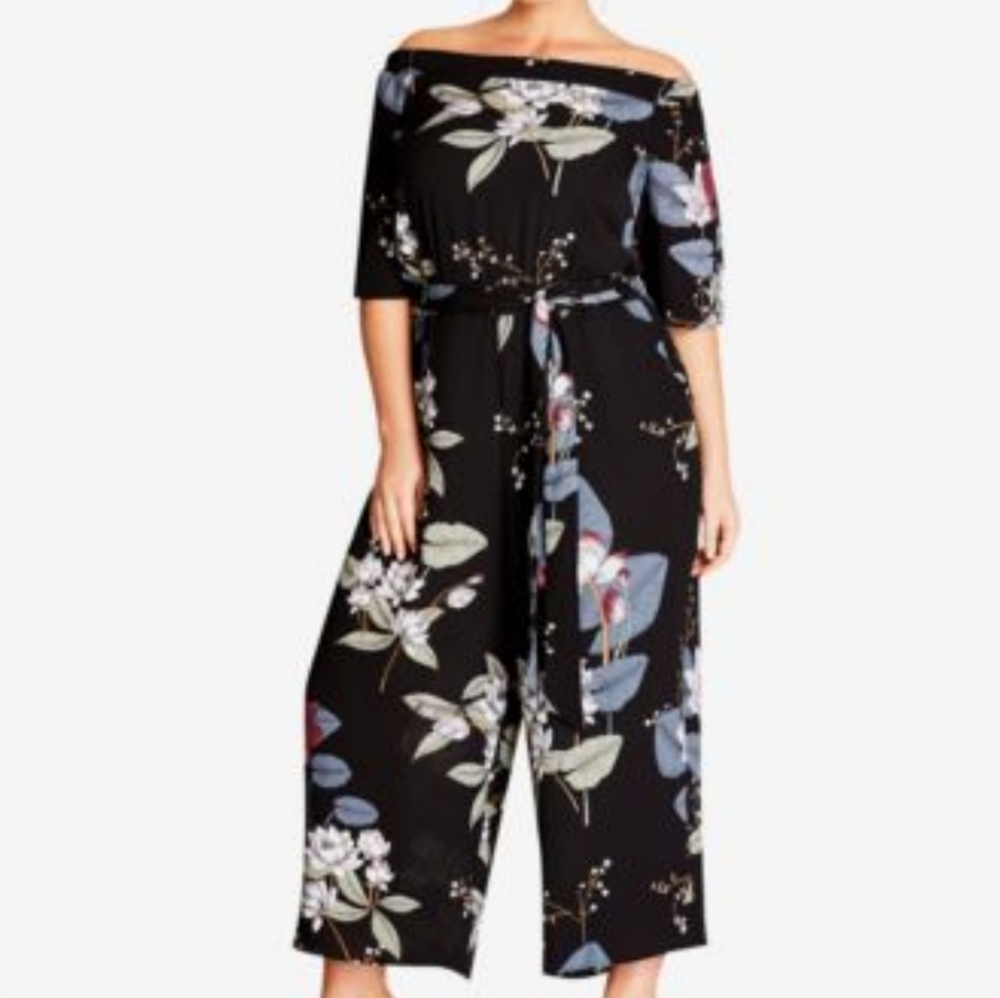 City Chic Blossom Off Shoulder Floral Wide Leg Belted Jumpsuit Plus Size XXL 24